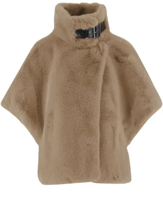 Pinko Fur-Effect Fabric Cape With High Collar And Faux Leather Accents