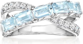 Ross-Simons Aquamarine and. Lab-Grown Diamond Crisscross Ring in Sterling Silver