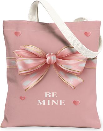 Generic ValentineS Day Bow Canvas Tote Bags, Elegant Heart Pattern Reusable Grocery Bags, Lightweight Washable Shoulder Strap Canv, Peach, 13x15 Inch