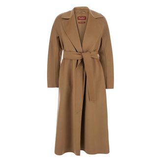 Max Mara Belted Coats, female, Beige, Size: XS Long Wool, Cashmere and Silk Coat