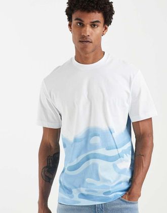 Lacoste T-shirt bianca e blu con stampa coccodrillo grande-Bianco