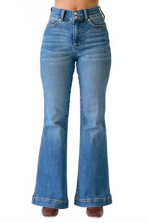 Judy Blue Womens Tummy Control Petite Flare Double Button Waist Band Jeans In Medium Wash