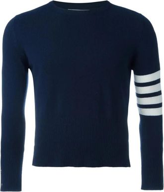 Thom Browne Kasjmier Crewneck Pullover met 4 Bar Stripe - Heren - Cashmere truien - Blauw - XL - Kasjmier - Truien & Vesten