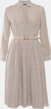 Max Mara White Fish Print Chiffon Belted Midi