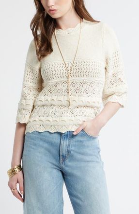 Treasure & Bond Pointelle Knit Scallop Trim Cotton Sweater in Ivory Dove at Nordstrom, Size Xx-Small