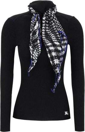Burberry Geribbelde trui met lange mouwen en geprinte sjaaldetail - Dames - Coltruien - Zwart - XS - Truien & Vesten