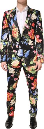 Dolce & Gabbana Mens Black Floral Single Breasted Martini 2 Piece Suit Cotton