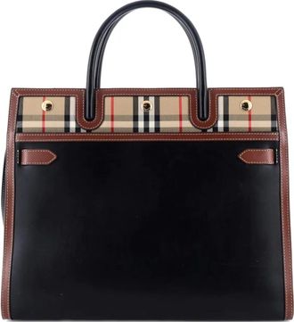 Burberry Title Two Handle Tote Leather with Vintage Check Canvas Medium satchel - Bruin