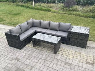 Fimous 6 Seater Rattan Corner Sofa Lounge Sofa Set With Rectangular Coffee Table Side Table Left Hand in Dark Grey
