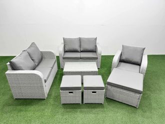 Fimous High Back Poly Rattan Garden Furniture Set w/ Reclining Chair Loveseat Sofa Rectangular Coffee Table Indoor Outdoor Patio Set 3 Stools Light