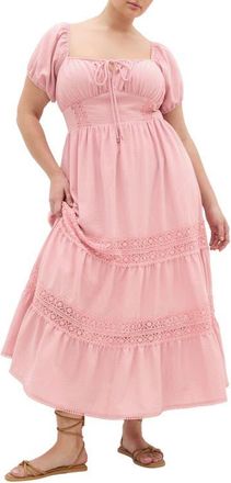 City Chic Haven Lace Trim Puff Sleeve Midi Dress in Peachy at Nordstrom, Size Xxxs