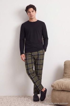 Trendyol MAN Heren Zwart Geruit Lang, Regular fit Pyjama- Sets