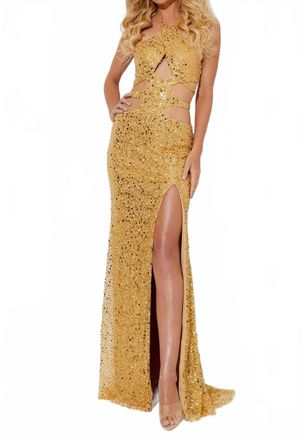 Jasz Couture Halter Neck Cut-Out Detailed Evening Dress In Gold