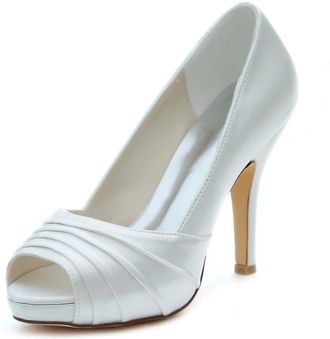 Emily Bridalwear Ivory Wedding Shoes High Heel Peep Pumps Platform Pleated Slip-on Bridal Shoes (EU41/UK7.5, Ivory)