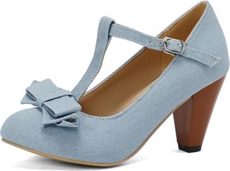 Generic Women Denim T Strap Pumps Round Toe Pointed Heel Bow Decor Adjustable Buckle Ankle Strap Non Slip Durable Comfortable Dress Party Shoes,Light Blue,10.
