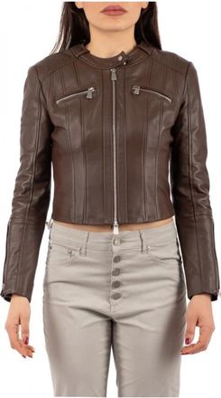 Pinko Pinko, Jassen, Dames, Bruin, S, Leer, Stijlvolle Biker Jacket