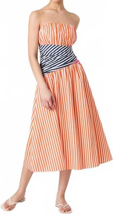 French Connection Alexis Stripe Strapless Midi Dress In 25 Orange/marine/pink