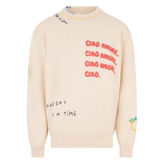 Roberto Collina Round-neck Knitwear, male, Beige, Size: L Embroidered Sweater