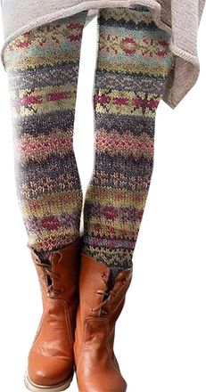 Generic Fair Isle Leggings Women 2025 Christmas Knitted Striped Yoga Pants Xmas Stretchy High Waisted Workout Tights Skinny Trousers, Z01-Grey, XL