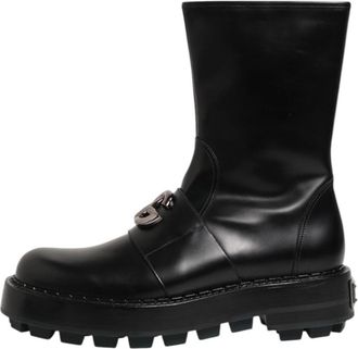 Dolce & Gabbana Logo Plaque Mid Calf Biker Boots - Dames - Hoge Laarzen - Zwart - 44 EU - Leer - Schoenen
