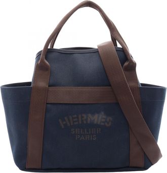Herm&egrave;s Brown Navy Toile Chevron Handbag Tote Bag (Pre-Owned)