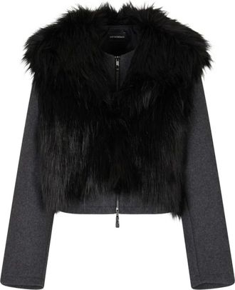 Emporio Armani Faux Fur & Shearling Jackets, female, Gray, Size: S Grey Faux-Fur Zip Coat Long Sleeves