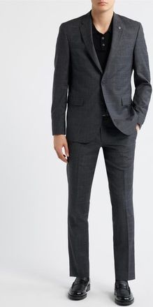 AllSaints Ross Slim Fit Grey Check Slub Cotton & Wool Blend Suit in Black at Nordstrom, Size 38Regular