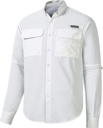Bassdash Mens UPF 50 Long Sleeve Fishing Button Down Shirt Performance Quick Dry FS21M White