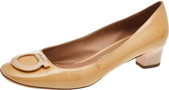 Ferragamo Beige Patent Leather Block Heel Pumps