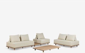 Sklum Conjunto De Jard&iacute;n Con Sof&aacute; Modular De 2 Piezas,mesa Auxiliar,sof&aacute; Y Mesa De Centro 160x95 Cm En Acacia Portet Sklum