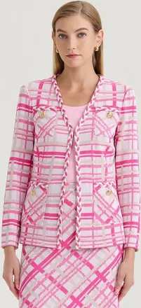 Ming Wang Heritage Braided Trim Plaid Knit Jacket in Carmine Rose/pink at Nordstrom, Size X-Large