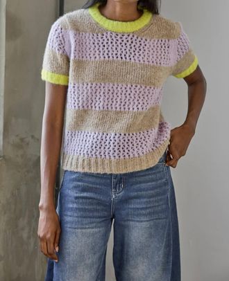 Lilla P Short Sleeve Stripe Sweater In Lily/husk Stripe