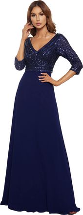 Ever-pretty Womens V Neck Long Sleeve Elegant A Line Floor Length Long Chiffon Mother of The Bride Dresses with Sequin Navy Blue 20UK