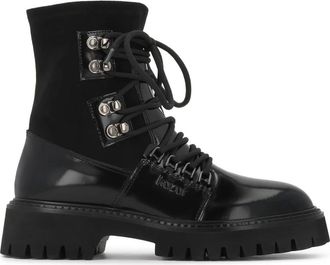 Kazar Zwarte leren laarzen met stoffen bovenwerk en trepszool - Dames - Veterlaarzen - Zwart - 35 EU - Leer - Schoenen
