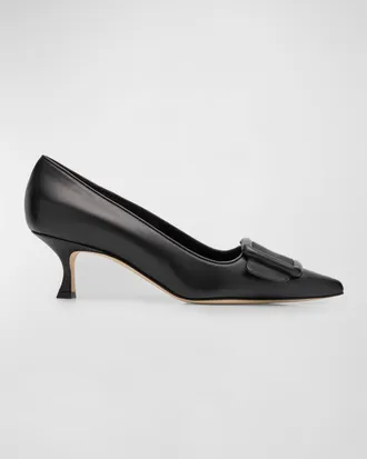 Manolo Blahnik Maysale Leather Buckle Kitten Pumps