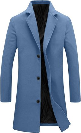 Generic Mens Casual Trench Coat Single Breasted Wool Blend Pea Coats Notched Lapel Collar Business Casual Winter Jacket Blue