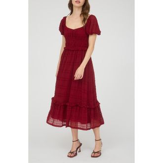 August Sky Puff Sleeve Tiered Midi Dress in Deep Red at Nordstrom Rack, Size Medium