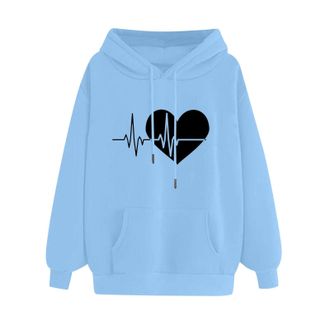 Generic Today Clearance Plain Sweatshirts for Women UK clearance WomenS Heart Mark Pattern Printed Hoodie Hoodie Drawstring Loose Comfortable (Sky Blue, S)