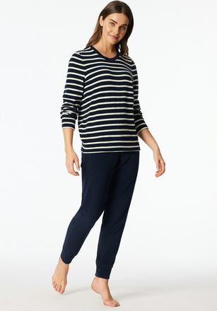 Schiesser Schlafanzug SCHIESSER Casual Essentials, Damen, Gr. 38, blau (nachtblau), Frottee, Obermaterial: 80% Baumwolle, 20% Polyester, bequem lang, Rundhals, 