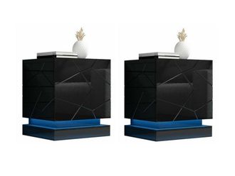 Mirjan24 Conjunto De Mesitas De Noche Linar, Negro + Negro Brillante, N&uacute;mero De Cajones: 0, N&uacute;mero De Puertas: 1, 53x46x42cm, Mdf, Led