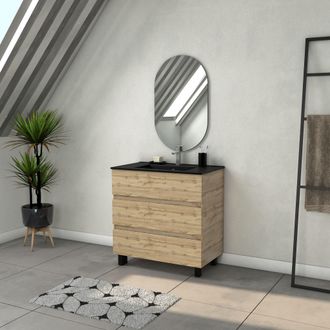 Aurlane Mueble De Ba&ntilde;o 80cm Con 3 Cajones Aspecto Roble Natural + Lavabo Negro Y Espejo Ovalado