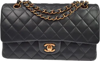 Chanel Classic Timeless Double Flap Quilted Lambskin Black Leather Handbag (Pre-Owned)