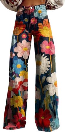 Generic 2025 Summer Vintage Baggy Jean for Woman Floral Print Flare Jeans for Womens Dark Wash Low Waist Baggy Denim Pants Fashion (Colors14,M)