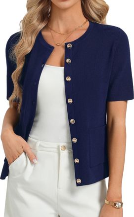 Grace Karin Womens Short Sleeves Solid Knit Cardigan Round Neck Button Tops with Pockets Navy Blue XL
