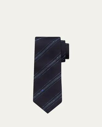 Brunello Cucinelli Mens Silk and Cotton Textured Stripe Tie