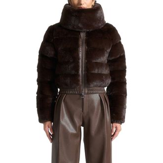 Mani&egrave;re De Voir Ama Plush Ribbed Jacket with Neck Scarf in Brown at Nordstrom, Size 12