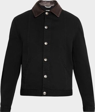 Brunello Cucinelli Mens Garment-Dyed Denim Leather-Collar Shirt Jacket