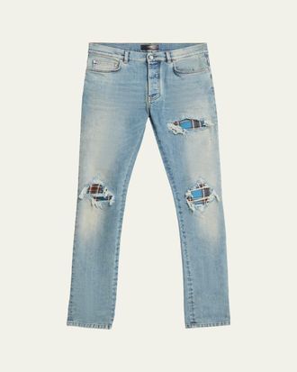 Amiri Mens Plaid Repair Denim Skinny Jeans