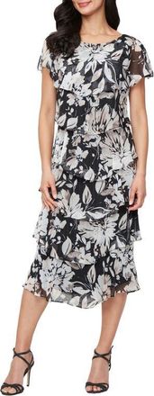 S.L. Fashions Floral Tiered Midi Dress in Black Multi at Nordstrom, Size 6P