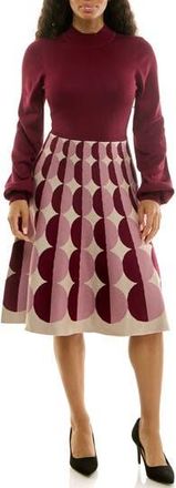Nina Leonard Mock Neck Long Sleeve Sweater Dress in Deep Wine Multi at Nordstrom Rack, Size X-Large